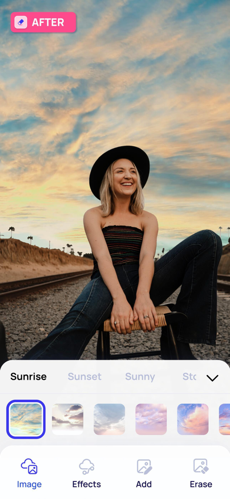 Photo Eraser - Remove Objects - Screenshot der Photo Eraser App auf einem Smartphone, der die KI-Himmelsersetzungsfunktion mit einem Sonnenaufgangsthema demonstriert.