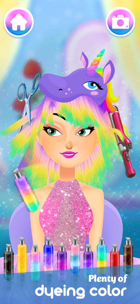 Hair Salon : Beauty Game - A character with rainbow hair and a unicorn hat in the Hair Salon Beauty Game showing various hair dye options