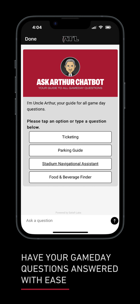 Atlanta Falcons - Ask Arthur Chatbot interface in the Atlanta Falcons mobile app for gameday assistance