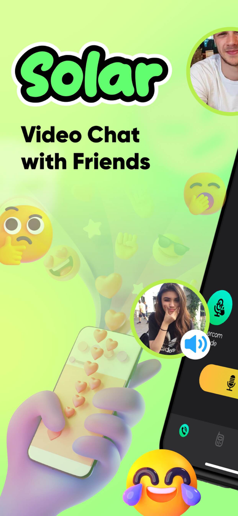 Solar: Video Chat, Meet Girls - Solar app interface displaying a video chat screen with profile photos and vibrant emojis