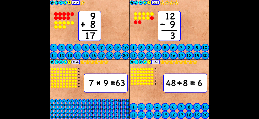 4th Grade Math - Math Galaxy - A four-panel screenshot of a math app showing addition, subtraction, multiplication, and division problems with visual aids and number buttons.