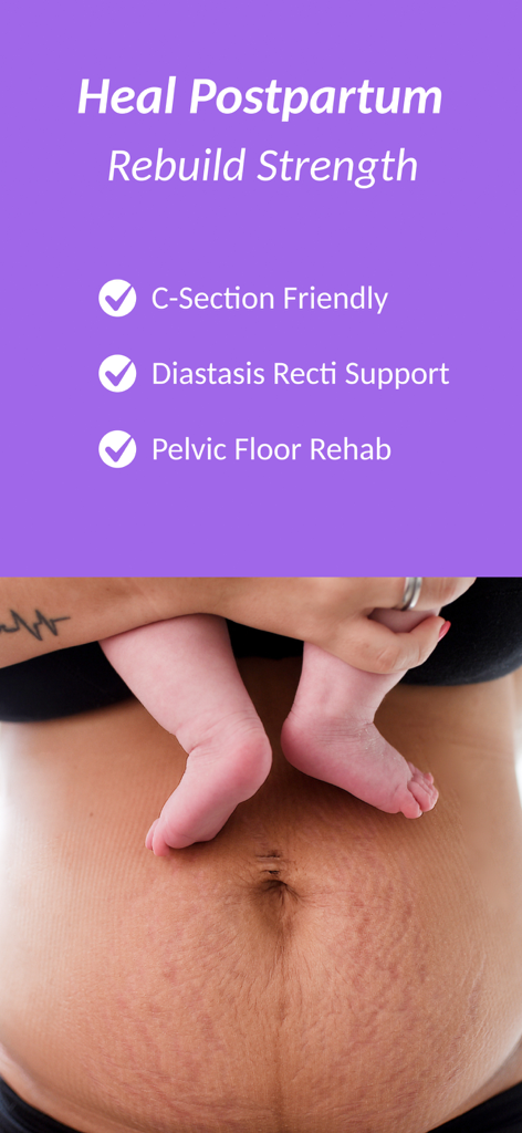 FitMama: Pregnancy Workout - Pantalla de la app FitMama destacando las características de curación postparto, incluyendo ejercicios aptos para cesárea y apoyo para la diástasis recti