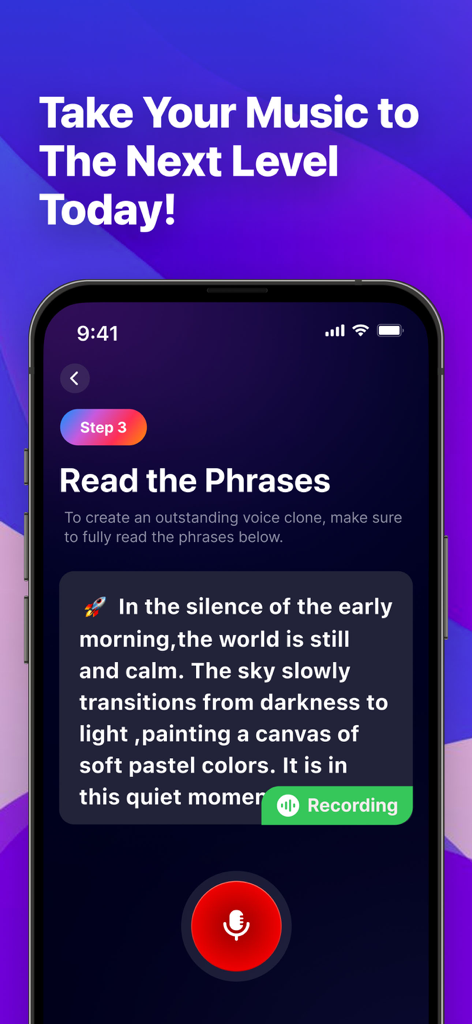 MusiCover-AI Song Cover&Clone - MusiCover app interface showing the third step of the voice cloning process where a user records themselves reading text phrases