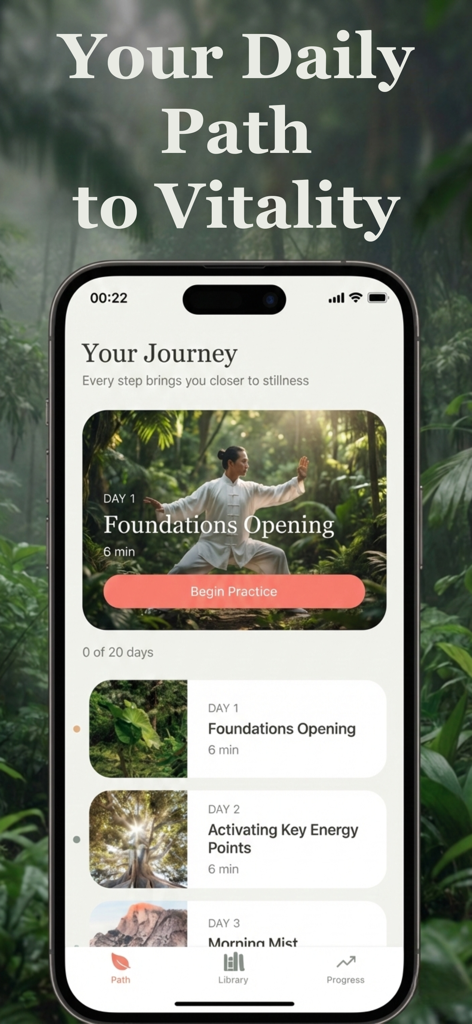 Tai Chi for Beginners: Flow - Smartphone screen displaying the daily journey and Tai Chi lessons in the Tai Chi for Beginners Flow app.