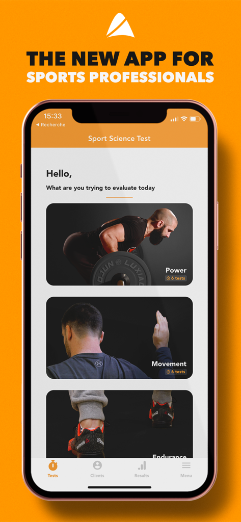 Pantalla de inicio de la aplicación Sport Science Test con categorías de evaluación de potencia, movimiento y resistencia