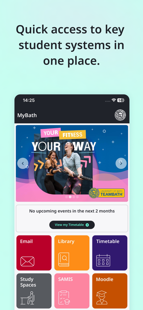 University of Bath - Screenshot of the MyBath mobile app dashboard showing quick access buttons for student services like email, library, and timetable.