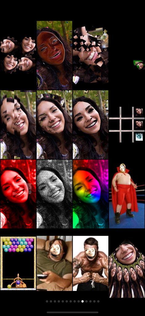 Uma coleção de filtros e jogos de fotos absurdos e engraçados, incluindo distorções, esboços e trocas de rostos no Mega Photo Pro.