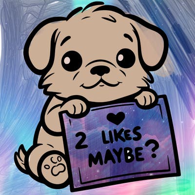 a puppy holding a sign that says 2 likes maybe?