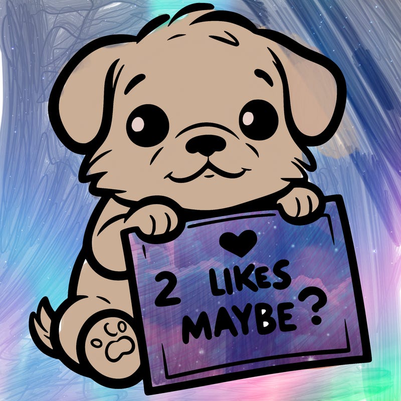 a puppy holding a sign that says 2 likes maybe?