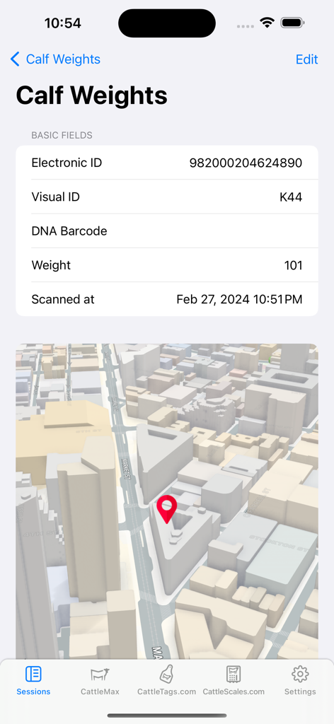 TagMax app screen displaying calf weight data including electronic ID and a GPS map showing the scan location.