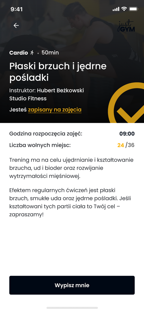 Pantalla de la app Just GYM mostrando información de la clase de fitness grupal y estado de la reserva