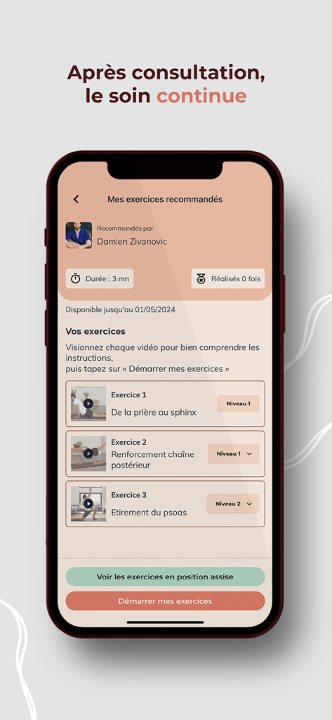 Mobile interface of the Andrew app showing a list of therapist recommended mobility exercises.