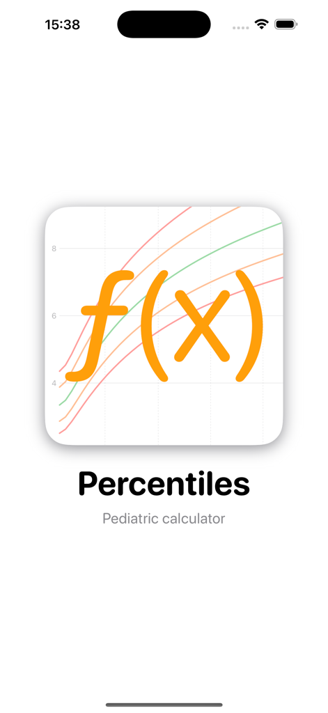 Pantalla de inicio para la aplicación Percentiles, calculadora de crecimiento pediátrico, que muestra el ícono de la aplicación con un gráfico de crecimiento y un símbolo matemático.