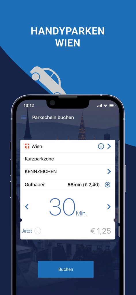 HANDYPARKEN App-Oberfläche zur Buchung eines 30-minütigen Parktickets in Wien
