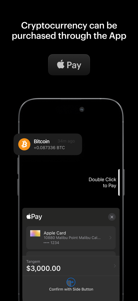 Smartphone screen showing a Bitcoin purchase in the Tangem app using Apple Pay