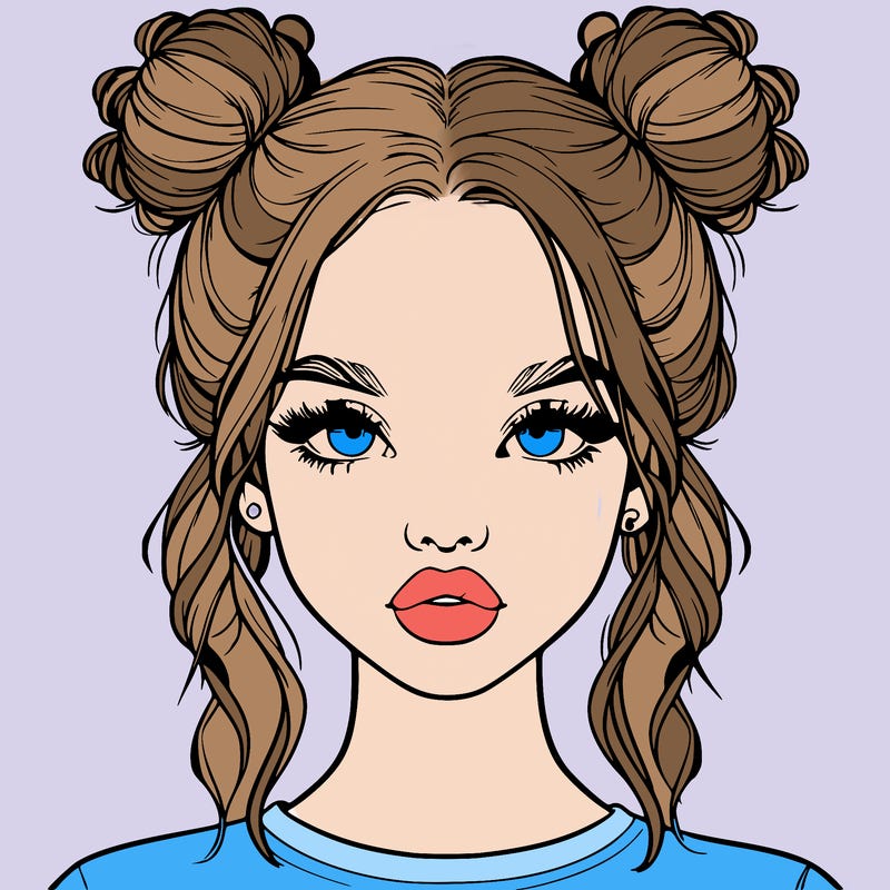 realistic girl with two buns in hair and lips