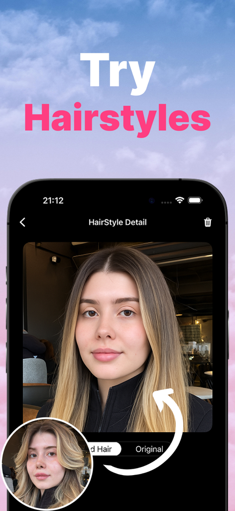 AI Hairstyle Changer: VibeHair - AI hairstyle changer app showing a realistic hair transformation on a woman face