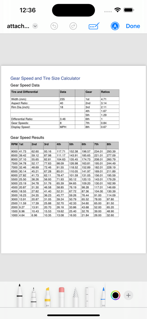 Gear Speed and Tire Size - A PDF report showing gear speed data and calculation results for an 8-speed transmission.