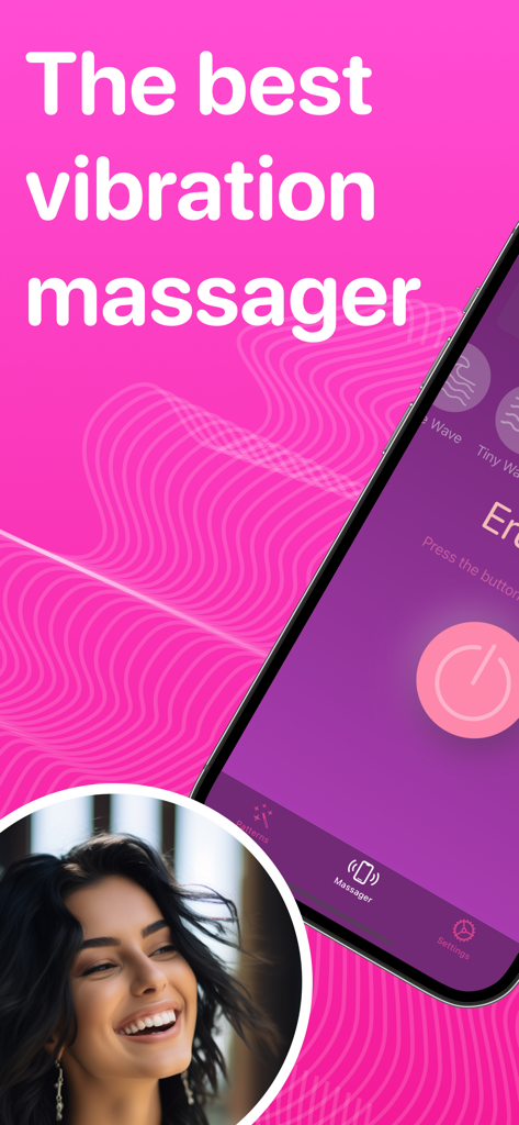 Smartphone affichant l'interface de l'Application Vibrateur Masseur Puissant avec des modes de vibration et une femme souriante