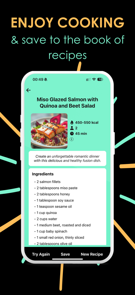 smartchef - Smartchef app interface displaying a detailed Miso Glazed Salmon recipe with nutritional info and ingredients list.