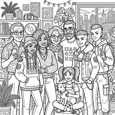 Celebrate family bonds with this trendy and diverse family portrait coloring page, designed especially for teenagers and anyone who loves modern art. Bring to life a vibrant scene featuring multiple generations, stylish details, and plenty of creative potential.