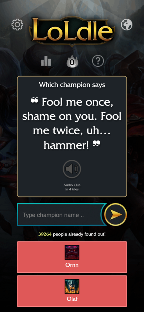 LoLdle Official - A screenshot of the LoLdle Official app displaying a quote guessing game where the player must identify a League of Legends champion based on a voice line.