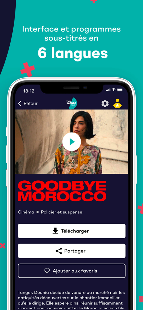 TV5MONDEplus - Interface de l'application TV5MONDEplus montrant les détails d'un film avec des options de sous-titrage multilingues