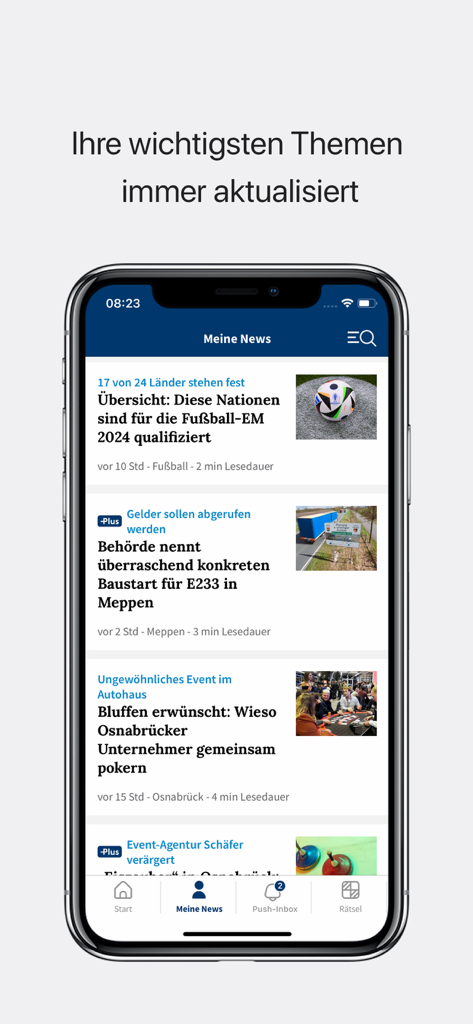 noz News - noz News app displaying a personalized news feed with regional German headlines