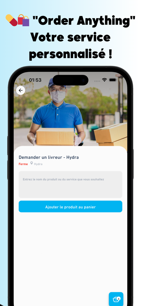 Fel'7in - Fel'7in mobile app screen showing the Order Anything custom delivery service and a courier holding packages
