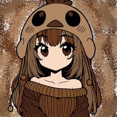 anime girl with chick shaped hat with sweater with bare shoulders with bangs covering them one eye with low tail