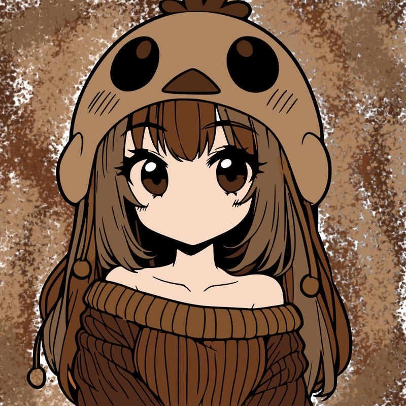 anime girl with chick shaped hat with sweater with bare shoulders with bangs covering them one eye with low tail