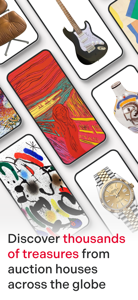 Invaluable Auctions: Bid Live - Eine Sammlung von Luxus-Auktionsgegenständen, darunter Uhren, Kunstwerke und Instrumente, die auf mobilen Bildschirmen angezeigt werden