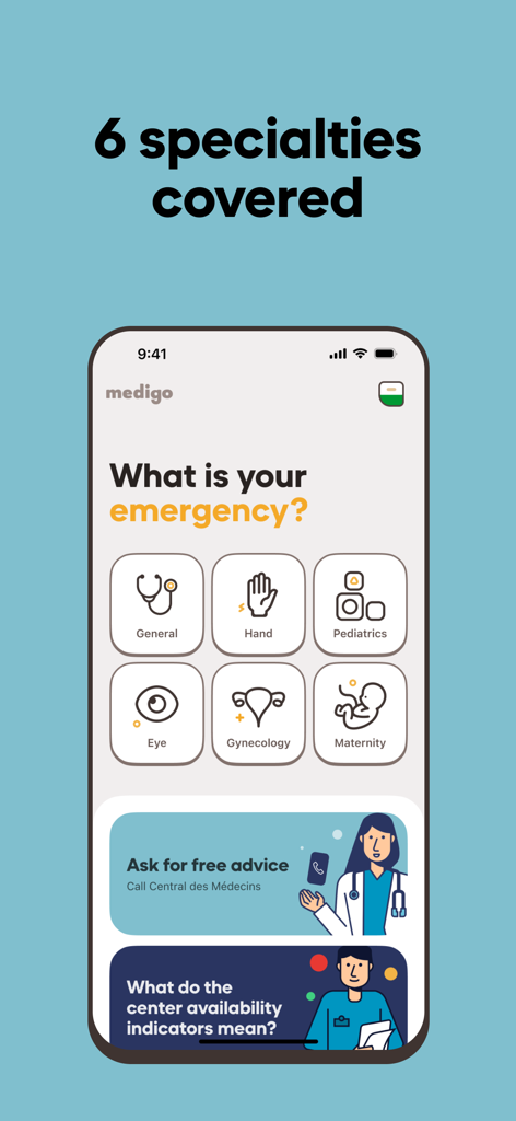 Medigo Emergencies - Medigo Emergencies app home screen showing six medical specialty categories for emergency care selection