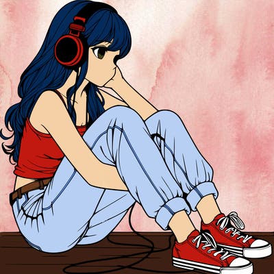 realistic girl sitting on the ground listening to music