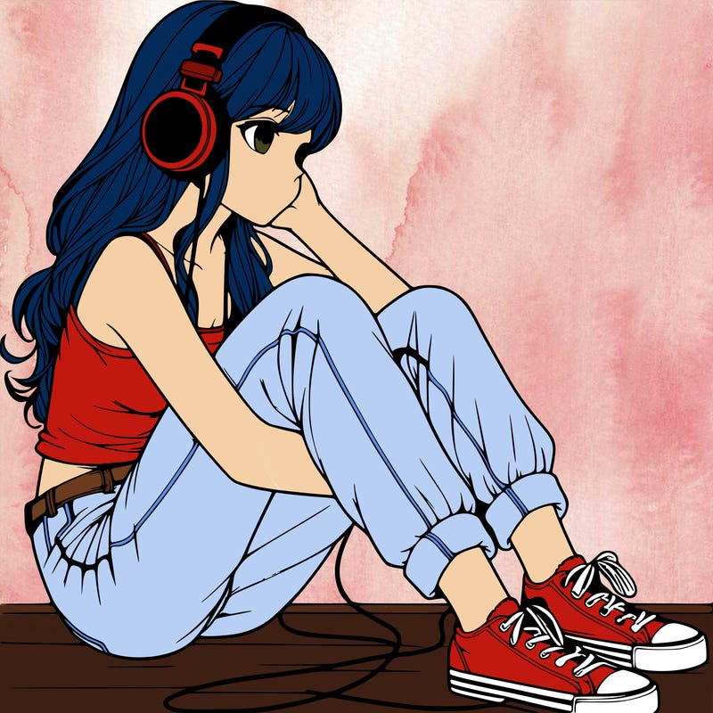 realistic girl sitting on the ground listening to music