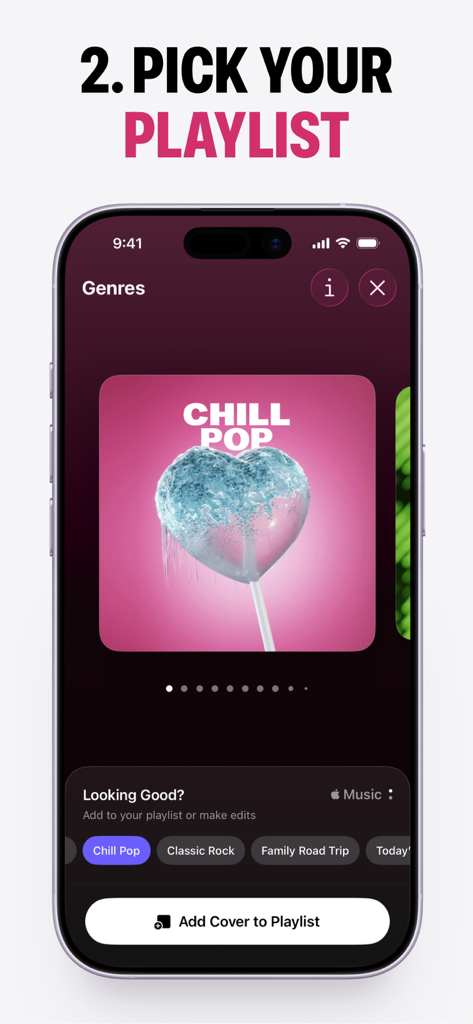 Denim - Playlist Cover Maker - Interface de l'application Denim montrant un écran de sélection de playlists avec une pochette personnalisée de style Chill Pop.