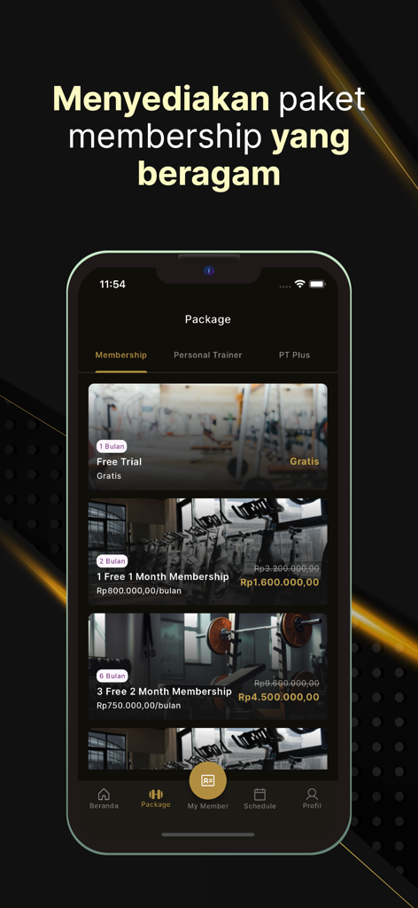 Nest Gym - Nest Gym mobile app screen displaying various membership subscription packages and trial options on a premium dark interface