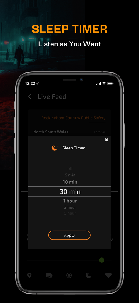 A smartphone displaying the sleep timer settings in the Police Scanner App.