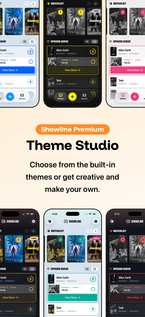 Showline: TV & Movie Tracker - Showline app premium theme studio showing various color interface options for tracking TV shows and movies