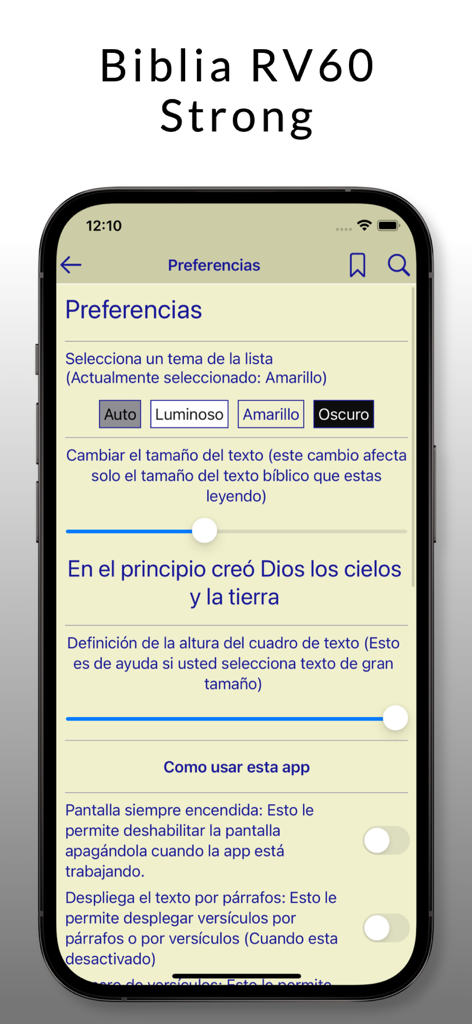 Bible RV60 Strong - Menú de preferencias de la aplicación Biblia RV60 Strong que muestra opciones de personalización de tamaño de fuente y tema