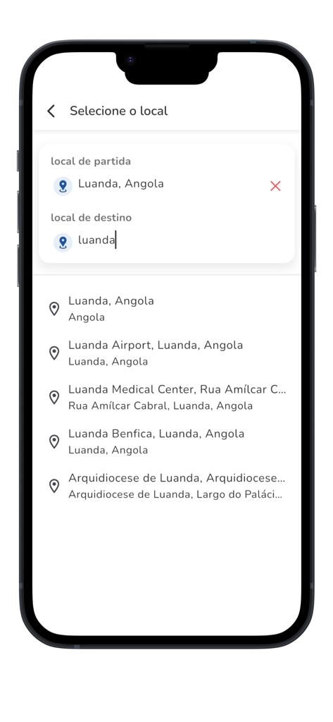 Vambazar - Vambazar app interface for selecting pickup and destination locations with search results for Luanda