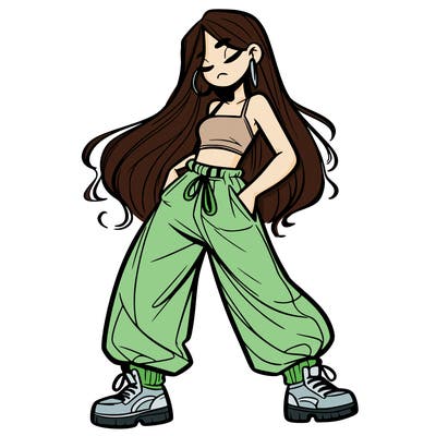 girl in baggy pants crop top and long hair