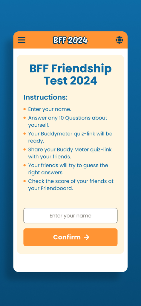 Bff Friendship Test - Instructions screen of the BFF Friendship Test 2024 app showing how to create and share a friendship quiz