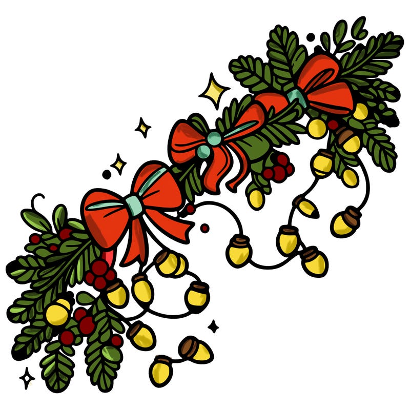 christmas garland: decorated with lights and ribbons..simple vector art