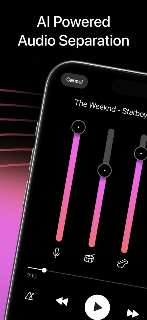 Vocal Remover - Melodify - 보컬, 드럼, 기타에 대한 슬라이더가 있는 AI 기반 오디오 분리를 보여주는 Melodify 앱의 스마트폰 인터페이스