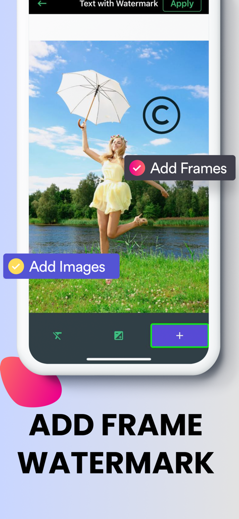 Water Mark Photo:Add Watermark - Interfaccia di un'app mobile che visualizza la funzionalità di aggiunta di una filigrana con cornice su una foto con un simbolo di copyright