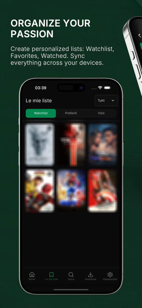 Interface mobile de l'application Streaming Community montrant une liste de suivi personnalisée de films et de séries télévisées.
