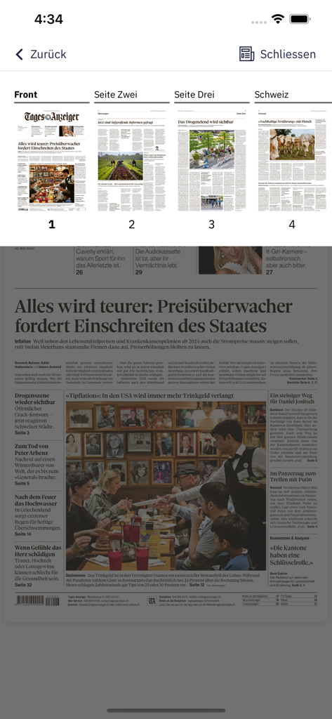 Interfaz de la aplicación Tages-Anzeiger E-Paper mostrando páginas de periódicos digitales y una vista detallada de artículos