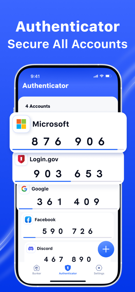 Interfaz de la aplicación Authenticator mostrando códigos de seguridad 2FA para múltiples cuentas