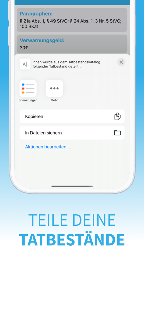 Tatbestandskatalog - Mobile app interface showing the sharing menu for a traffic violation including the legal code and fine amount